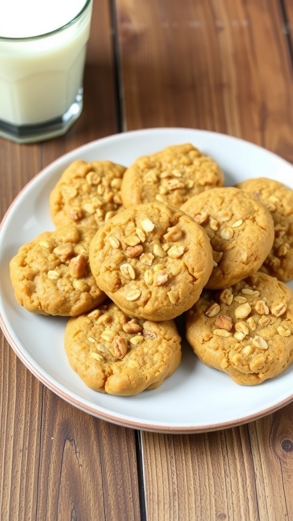 A plate of no-bake oatmeal cookies made with oats, peanut butter, and honey, served with a glass of milk.